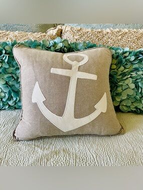 Nautical Anchor Accent Pillow in Taupe/Beige and White - Feather insert